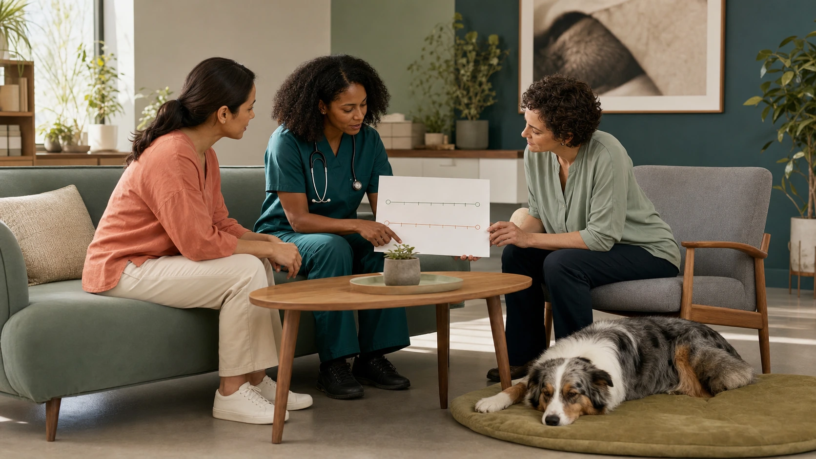 Veterinarian and credentialed behavior professional review a dog's stress and digestive timeline with the owner while the dog rests in a choice-based consultation space.