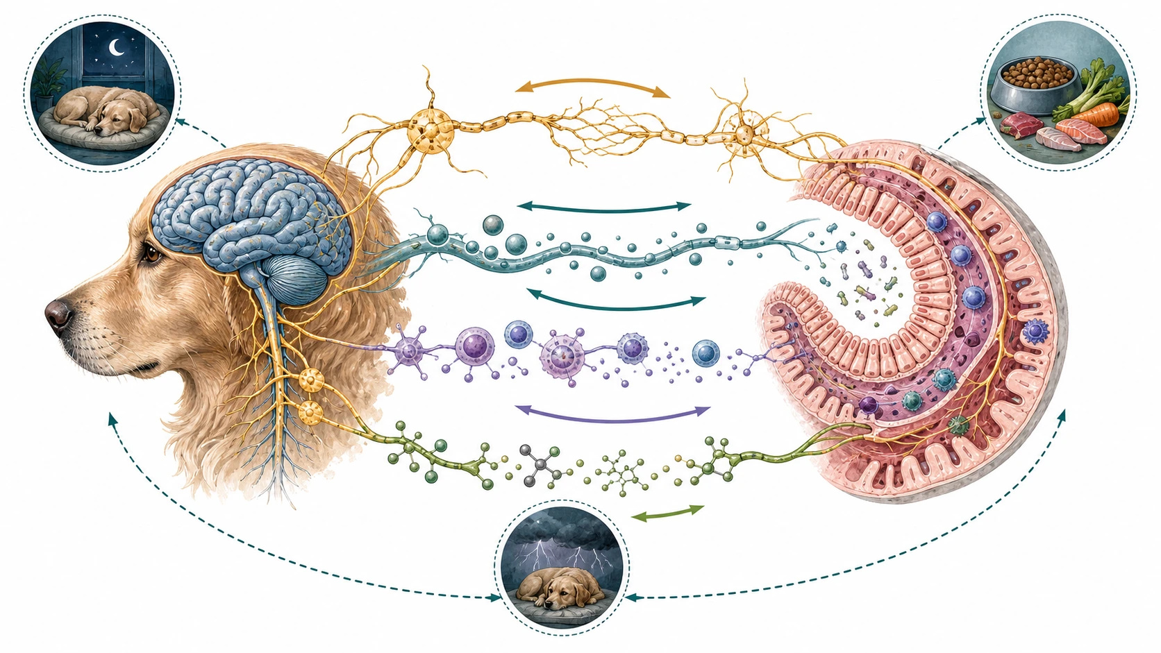 Scientific editorial illustration maps bidirectional neural, endocrine, immune, and metabolic pathways between canine intestine and brain.