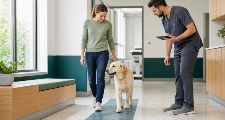 Orthopedic veterinarian observes a young large-breed dog's natural gait while the owner walks beside the dog in a clinic movement lane.