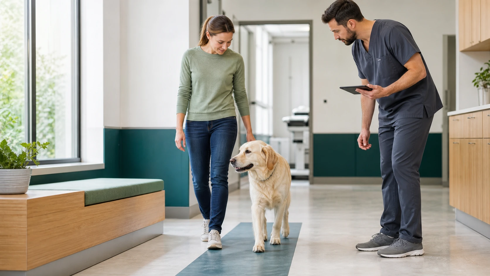 Orthopedic veterinarian observes a young large-breed dog's natural gait while the owner walks beside the dog in a clinic movement lane.