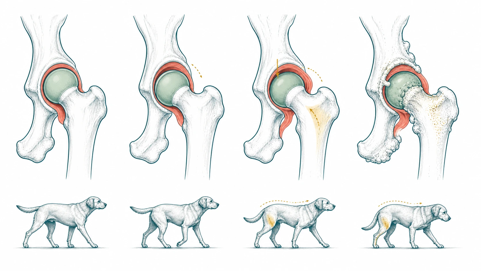 Veterinary illustration compares a stable canine hip, joint laxity, subluxation, and later osteoarthritis without showing a surgical procedure.