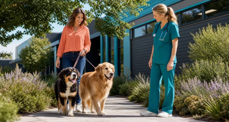 Large-breed puppy and adult dog walk with their owner while a veterinarian observes body condition and movement in a sunny clinic garden.