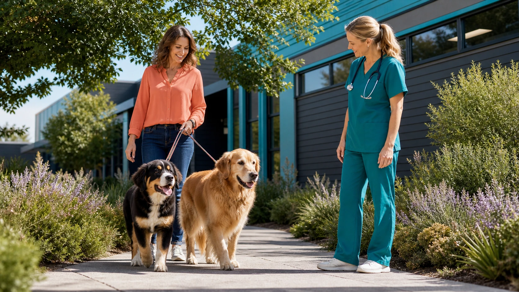 Large-breed puppy and adult dog walk with their owner while a veterinarian observes body condition and movement in a sunny clinic garden.