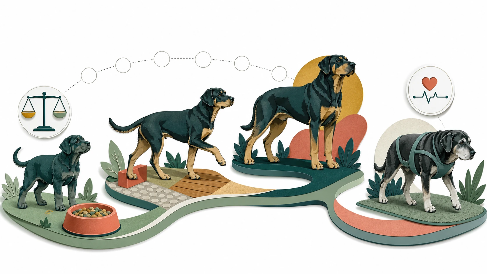 Editorial life-stage map links large-breed puppy growth, skeletal maturation, adult conditioning, body condition, and senior mobility monitoring.