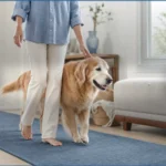 Healthy Paws Essentials editorial scene for Weight Management and Canine Joint Health: an older dog walking calmly beside an owner on a non-slip rug.