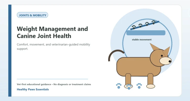 Custom Healthy Paws Essentials illustration for Weight Management and Canine Joint Health, showing a dog and a vet-first care planning concept.