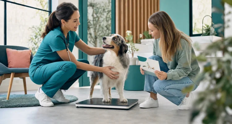 Veterinarian and owner assess a dog's body condition and mobility goals using a scale, hands-on exam, and walking plan without shaming the owner.
