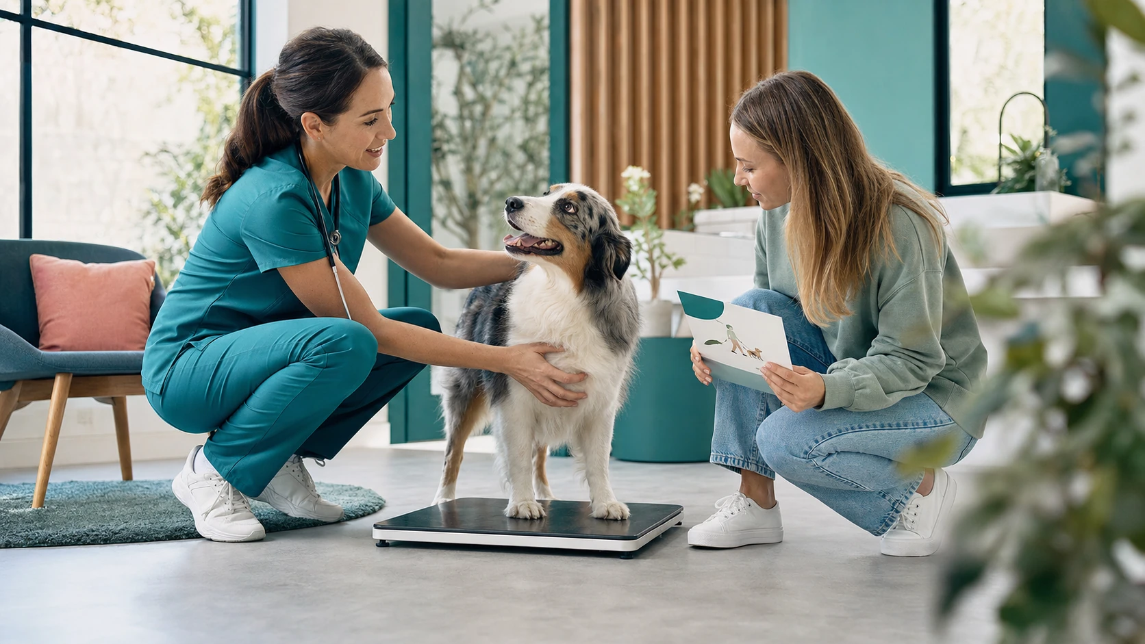 Veterinarian and owner assess a dog's body condition and mobility goals using a scale, hands-on exam, and walking plan without shaming the owner.