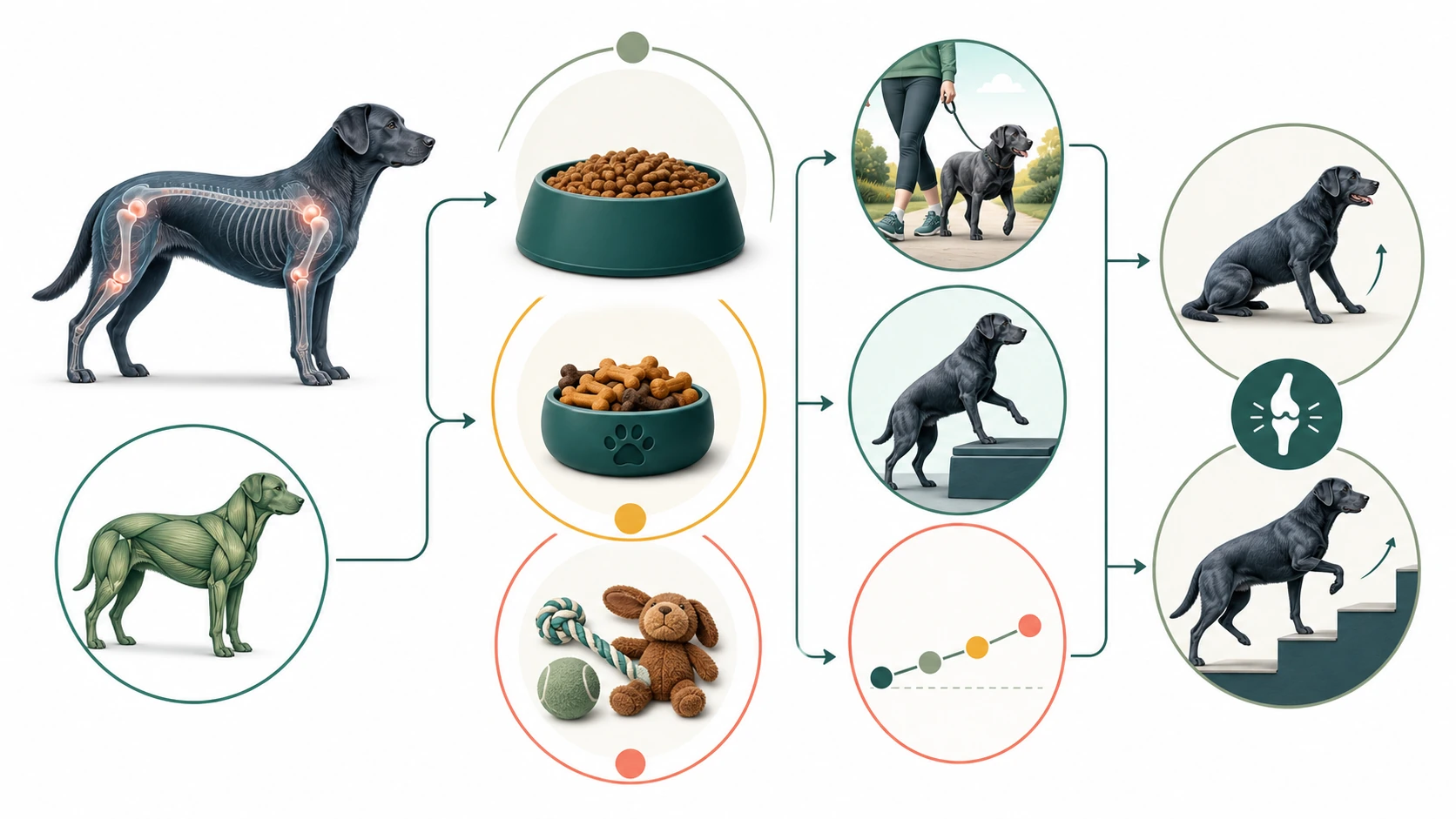 Editorial plan connects body condition, muscle condition, measured food, nonfood rewards, activity progression, weight trend, and mobility outcomes.