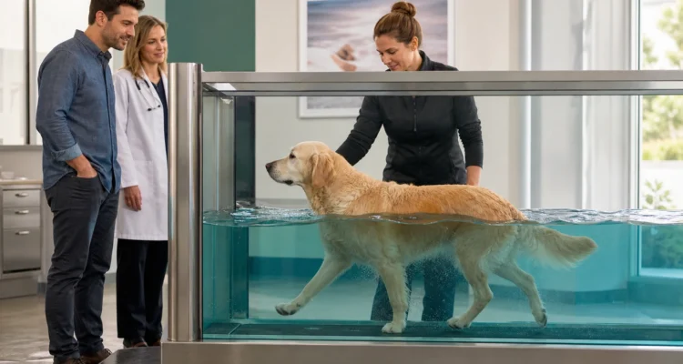 Certified canine rehabilitation professional supervises a calm dog walking in an underwater treadmill while the owner observes beside the veterinarian.