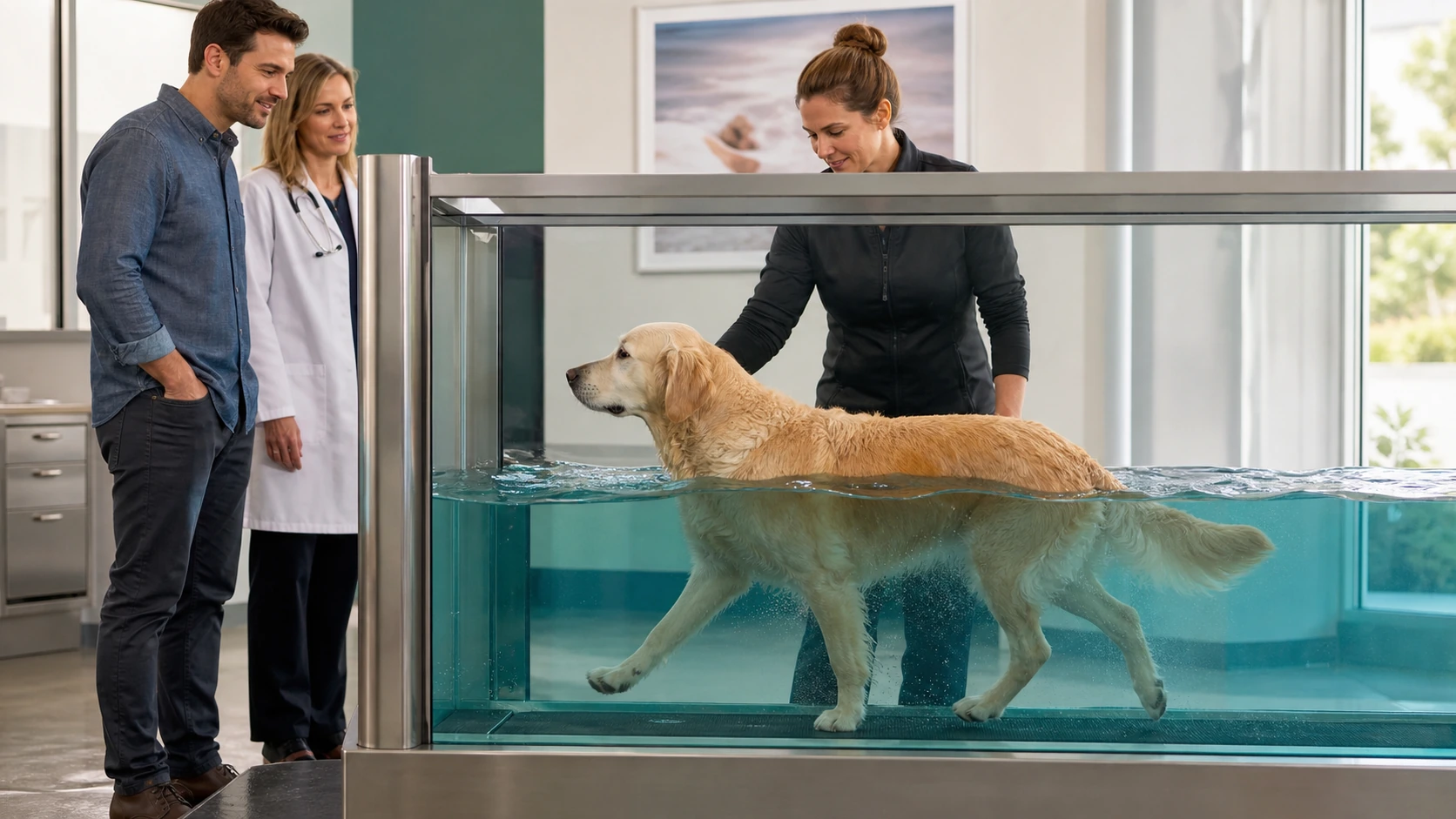 Certified canine rehabilitation professional supervises a calm dog walking in an underwater treadmill while the owner observes beside the veterinarian.