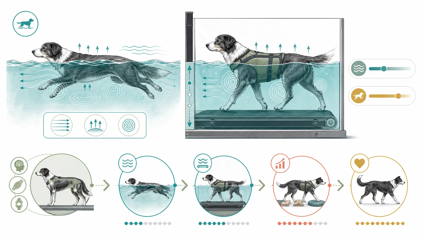 Editorial comparison shows buoyancy, resistance, hydrostatic pressure, swimming, and underwater treadmill gait with individualized controls.