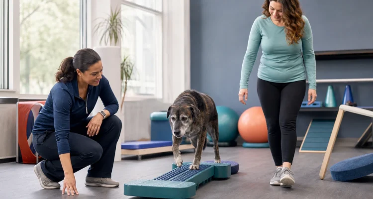 Veterinary rehabilitation specialist observes a senior dog's controlled movement while the owner walks alongside in a bright clinic.