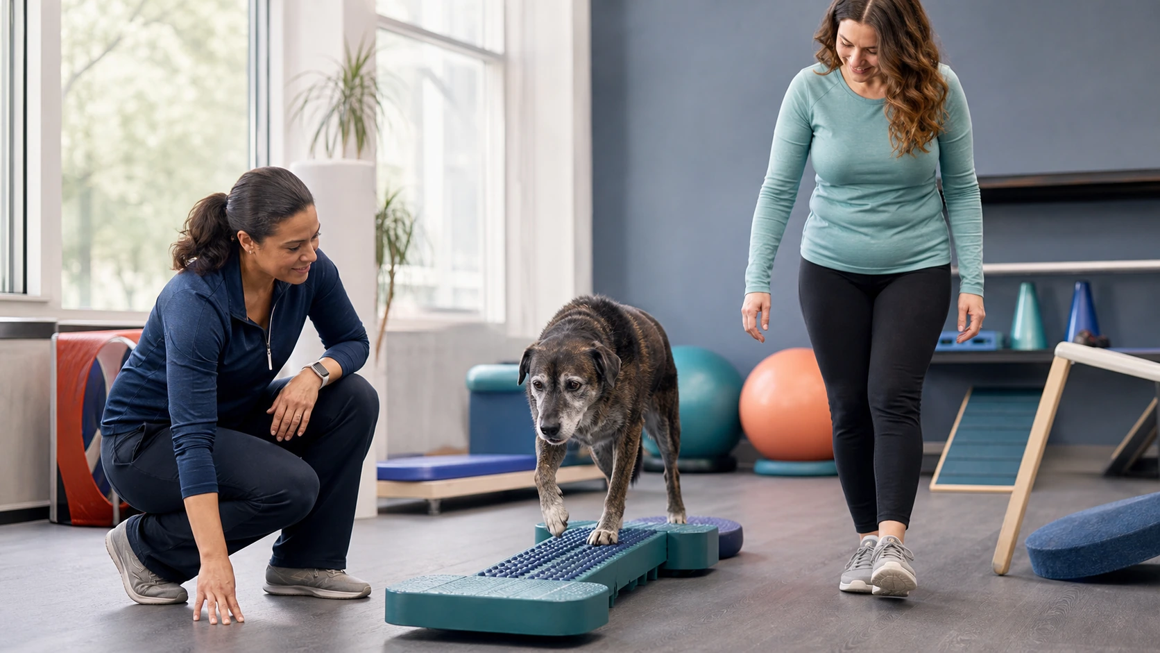 Veterinary rehabilitation specialist observes a senior dog's controlled movement while the owner walks alongside in a bright clinic.