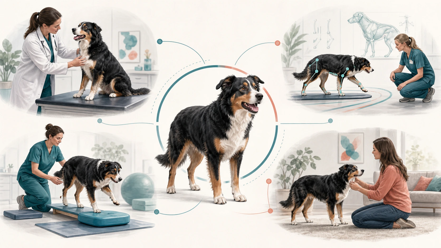 Editorial care map connects veterinary assessment, gait evaluation, supervised movement, and owner observation around one dog.