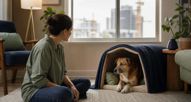 Dog chooses a covered retreat while the owner observes calmly from a respectful distance in a daylight living room.