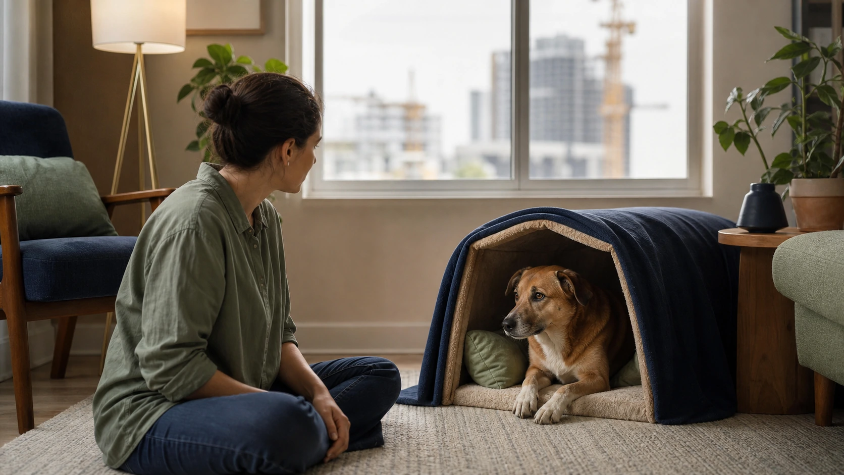 Dog chooses a covered retreat while the owner observes calmly from a respectful distance in a daylight living room.