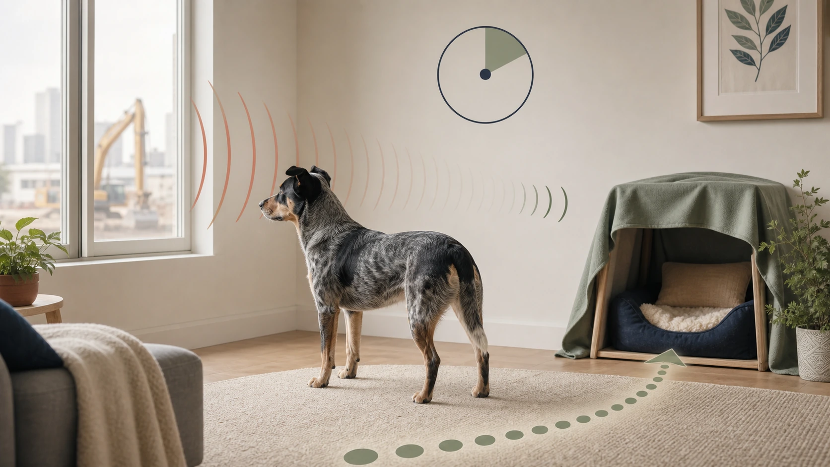 Behavioral illustration follows one dog's body language from a distant sound through retreat and gradual recovery.