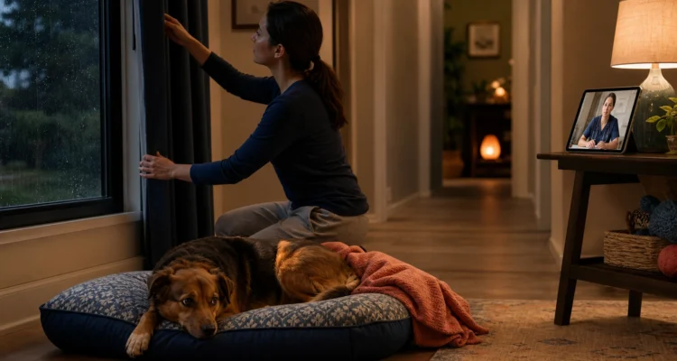 Owner closes curtains during rain while a dog rests in an interior retreat and a veterinarian joins by video.