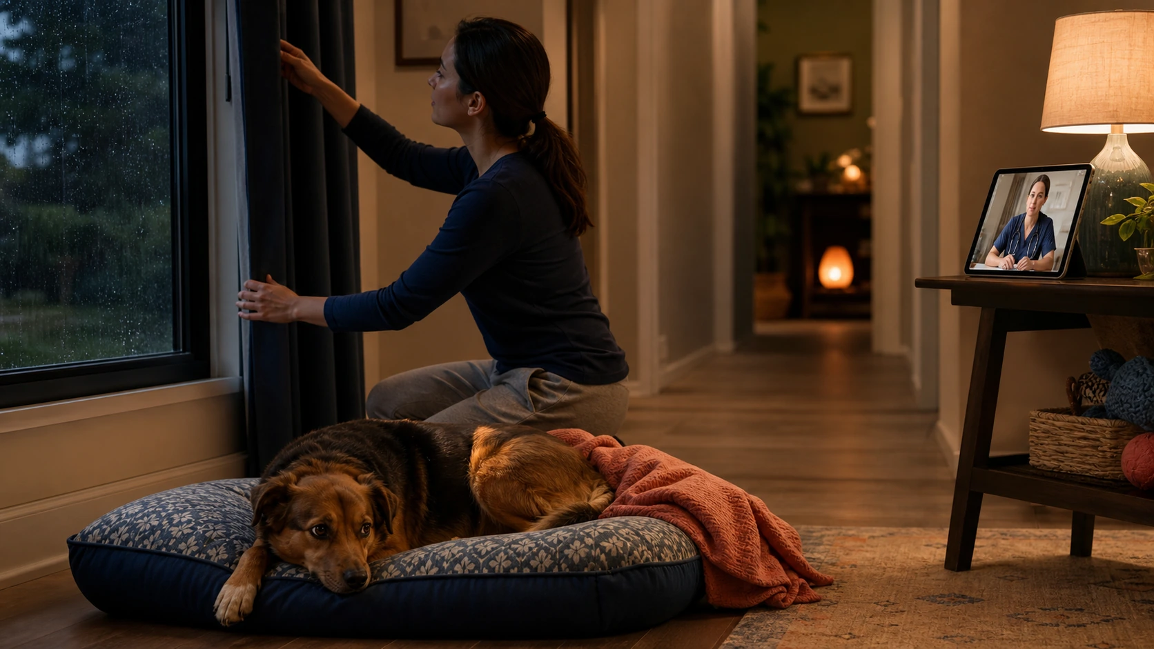 Owner closes curtains during rain while a dog rests in an interior retreat and a veterinarian joins by video.