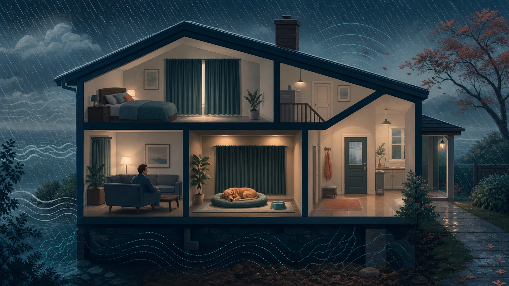 Cutaway home illustration shows an interior dog retreat protected from rain, window light, wind, and outside sound.