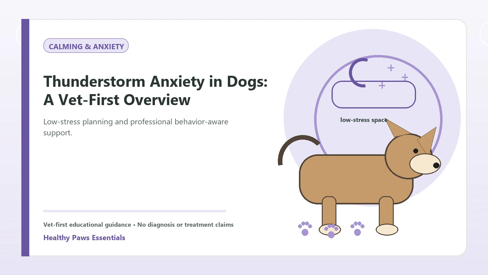 Custom Healthy Paws Essentials illustration for Thunderstorm Anxiety in Dogs: A Vet-First Overview, showing a dog and a vet-first care planning concept.