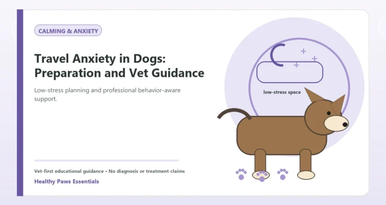 Custom Healthy Paws Essentials illustration for Travel Anxiety in Dogs: Preparation and Vet Guidance, showing a dog and a vet-first care planning concept.