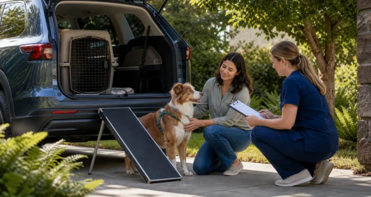 Owner and veterinary professional prepare a dog beside a stationary vehicle with a secured crate and nonslip ramp.