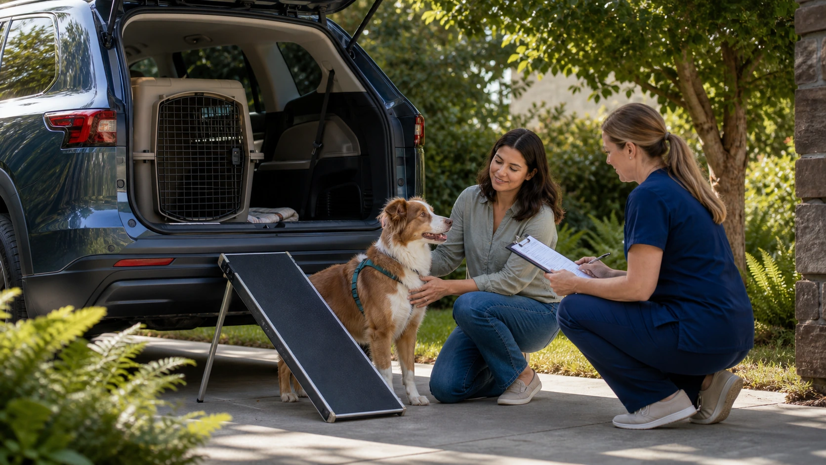 Owner and veterinary professional prepare a dog beside a stationary vehicle with a secured crate and nonslip ramp.