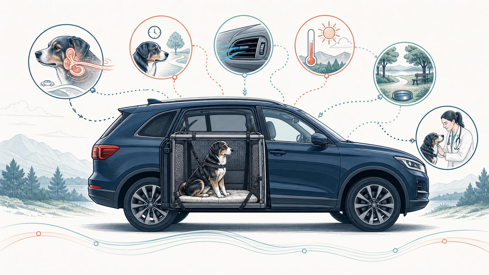 Scientific travel illustration maps motion, learned anticipation, temperature, restraint, breaks, and veterinary planning around a stationary car.