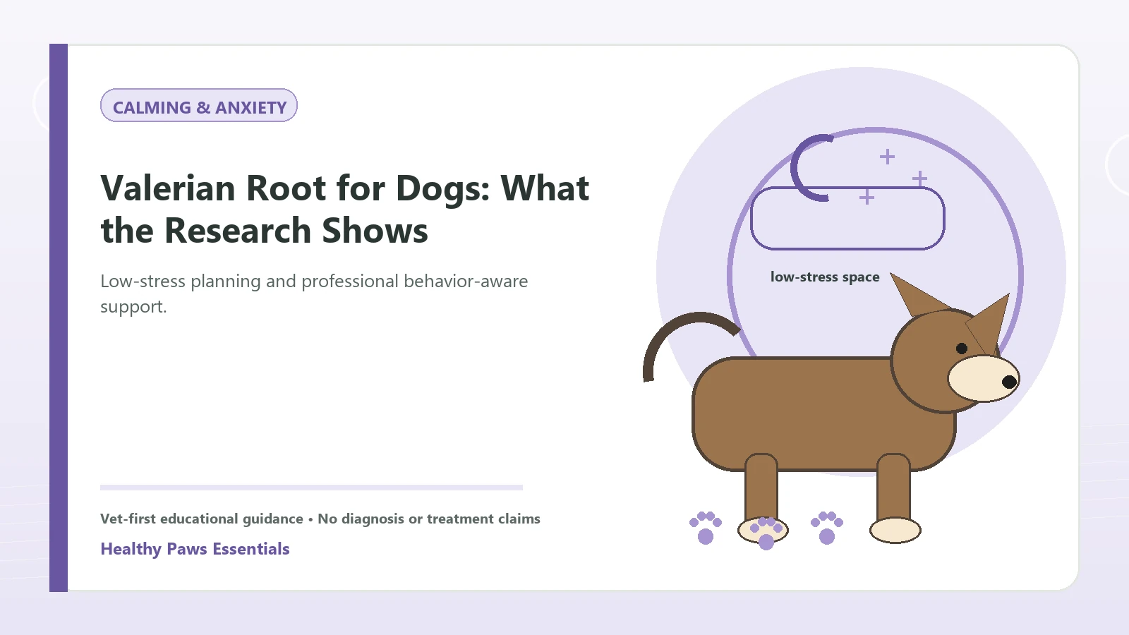Custom Healthy Paws Essentials illustration for Valerian Root for Dogs: What the Research Shows, showing a dog and a vet-first care planning concept.
