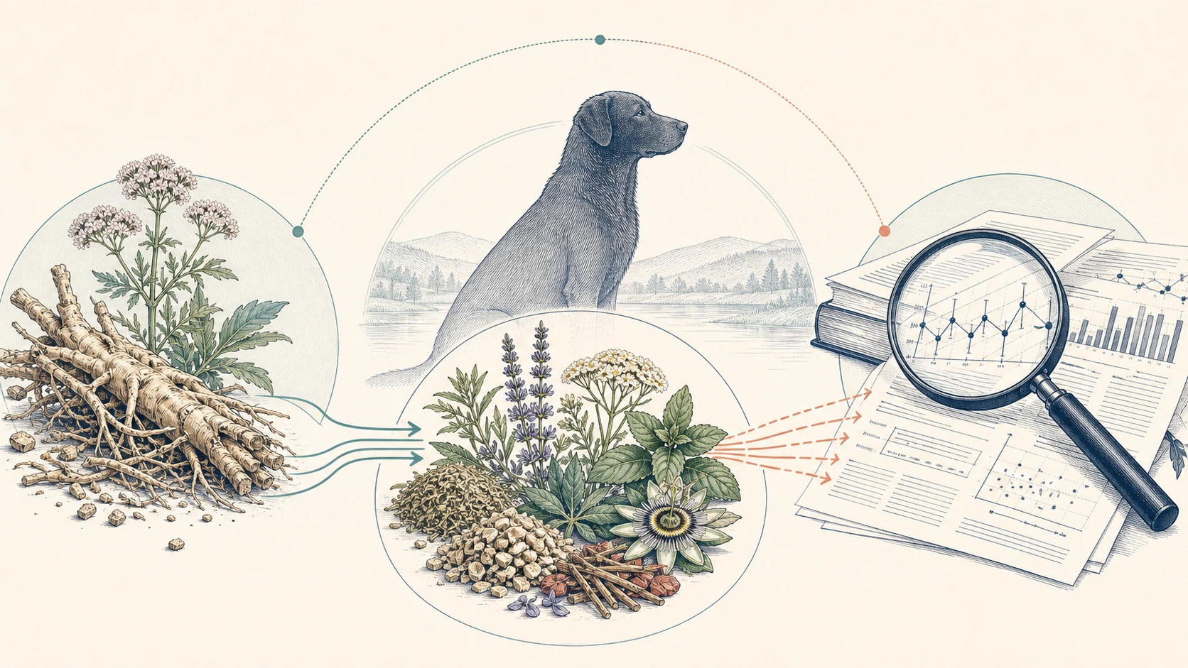 Evidence illustration separates dried valerian root from a multi-ingredient botanical study and a canine veterinary review.