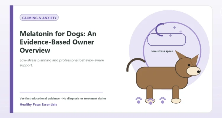 Custom Healthy Paws Essentials illustration for Melatonin for Dogs: An Evidence-Based Owner Overview, showing a dog and a vet-first care planning concept.