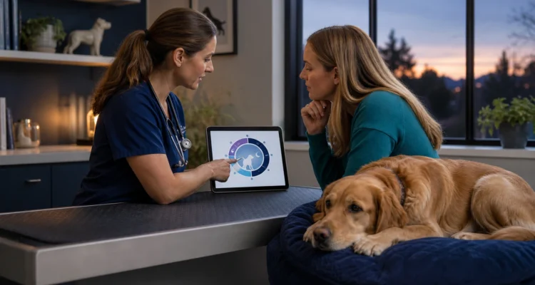 Veterinarian and owner review a dog's sleep and behavior timeline while the dog rests nearby.