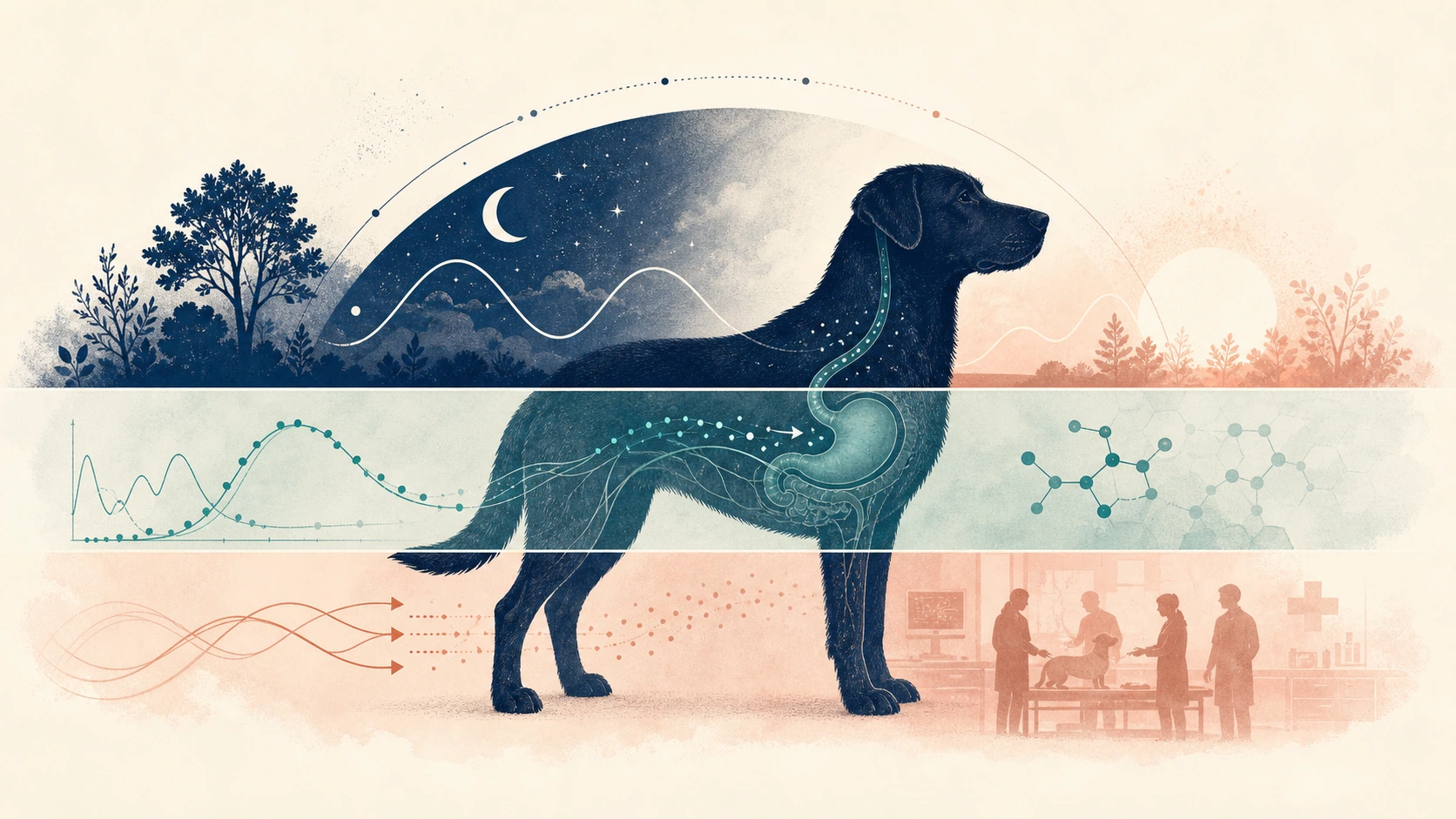 Editorial evidence map connects canine circadian rhythm, oral absorption, study limitations, and veterinary review.