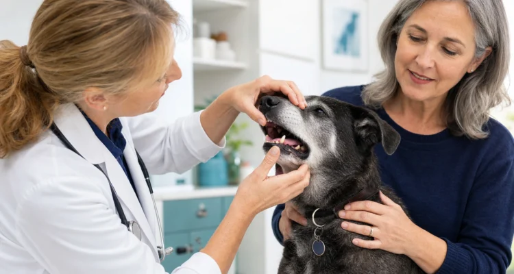 Senior dog receives a calm awake oral screening while the owner and veterinarian discuss the next step.