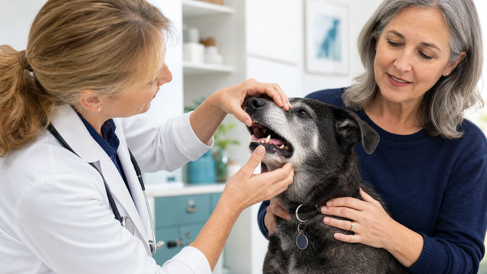 Senior dog receives a calm awake oral screening while the owner and veterinarian discuss the next step.