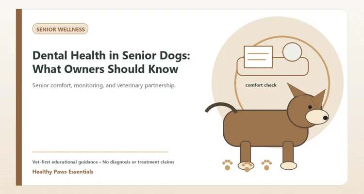 Custom Healthy Paws Essentials illustration for Dental Health in Senior Dogs: What Owners Should Know, showing a dog and a vet-first care planning concept.