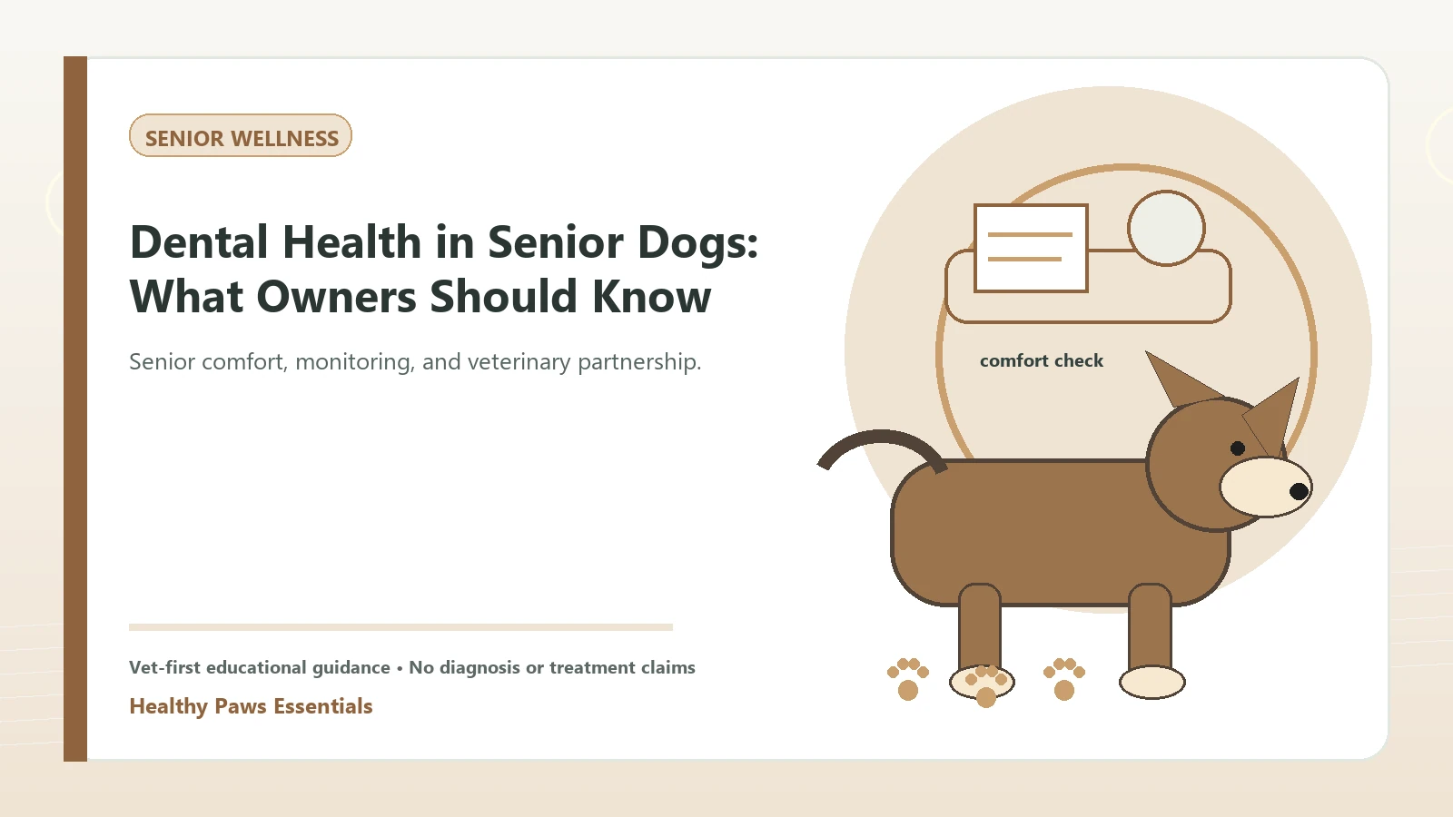 Custom Healthy Paws Essentials illustration for Dental Health in Senior Dogs: What Owners Should Know, showing a dog and a vet-first care planning concept.
