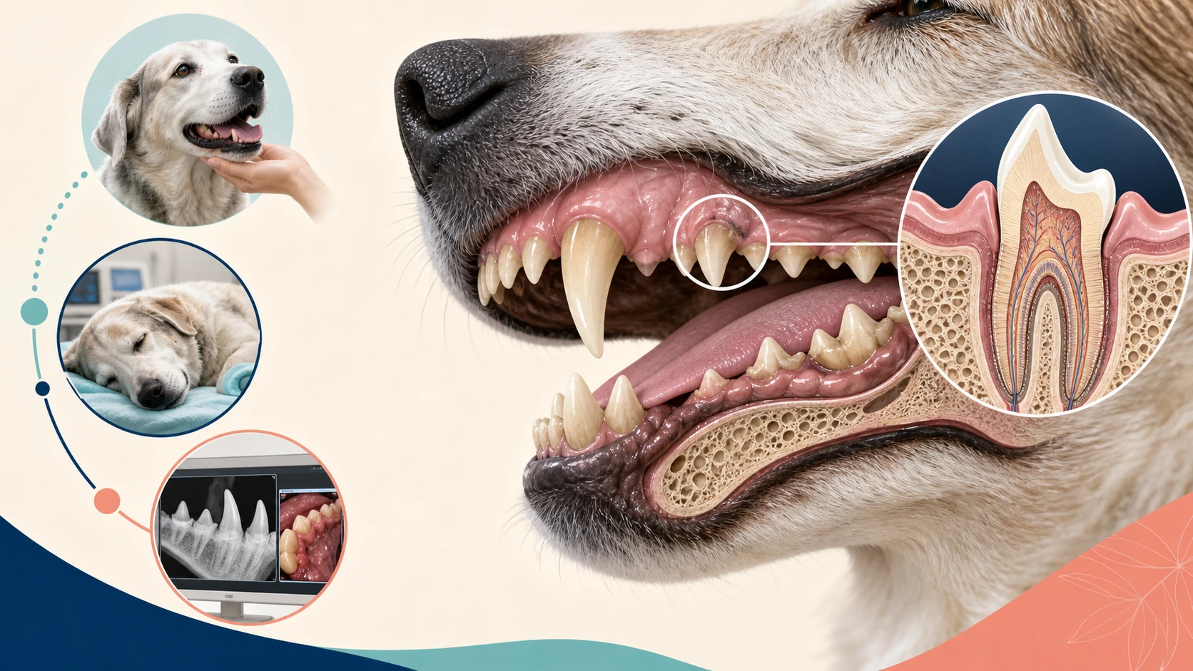 Veterinary dental illustration shows visible screening, tooth anatomy, intraoral imaging, and recovery planning.