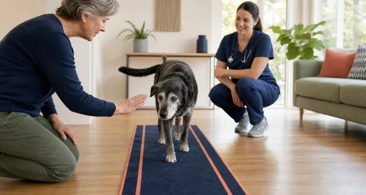 Senior dog follows a high-contrast runner on a level floor while the owner gives a visual cue and a veterinarian observes.