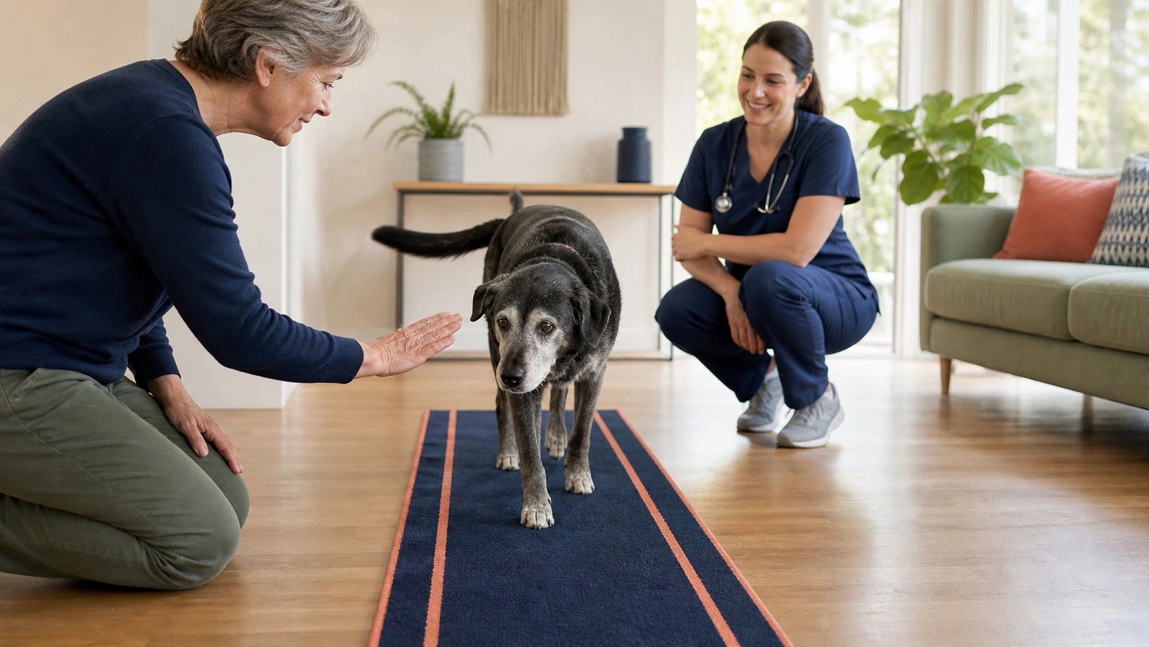 Senior dog follows a high-contrast runner on a level floor while the owner gives a visual cue and a veterinarian observes.
