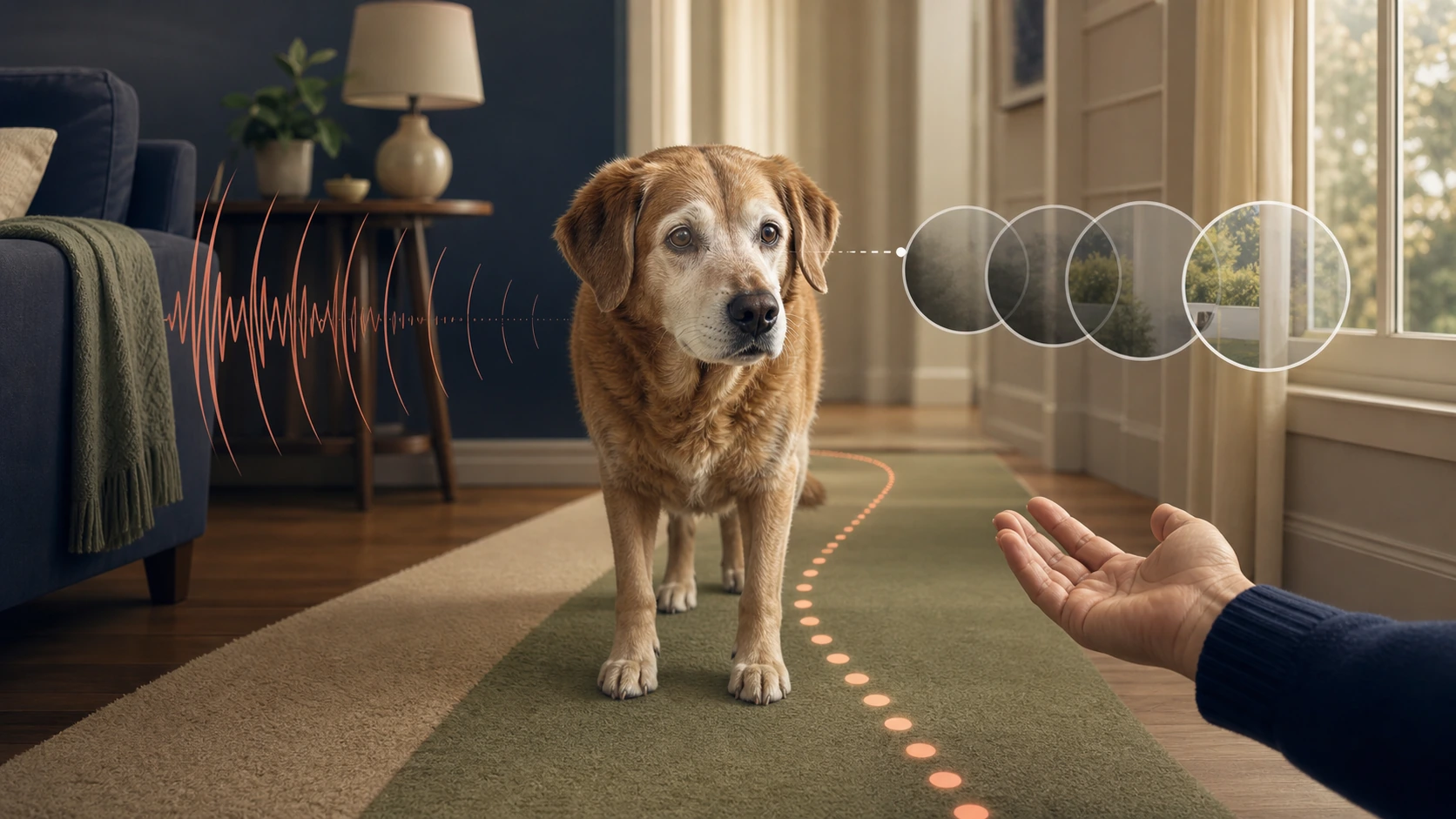 Senior dog stands on a level home route with subtle hearing-wave and changing-contrast visual overlays.