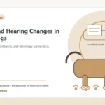 Custom Healthy Paws Essentials illustration for Vision and Hearing Changes in Older Dogs, showing a dog and a vet-first care planning concept.