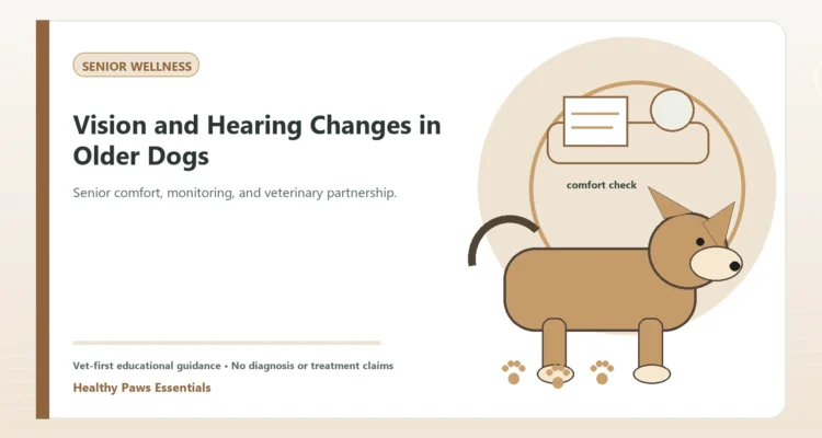 Custom Healthy Paws Essentials illustration for Vision and Hearing Changes in Older Dogs, showing a dog and a vet-first care planning concept.