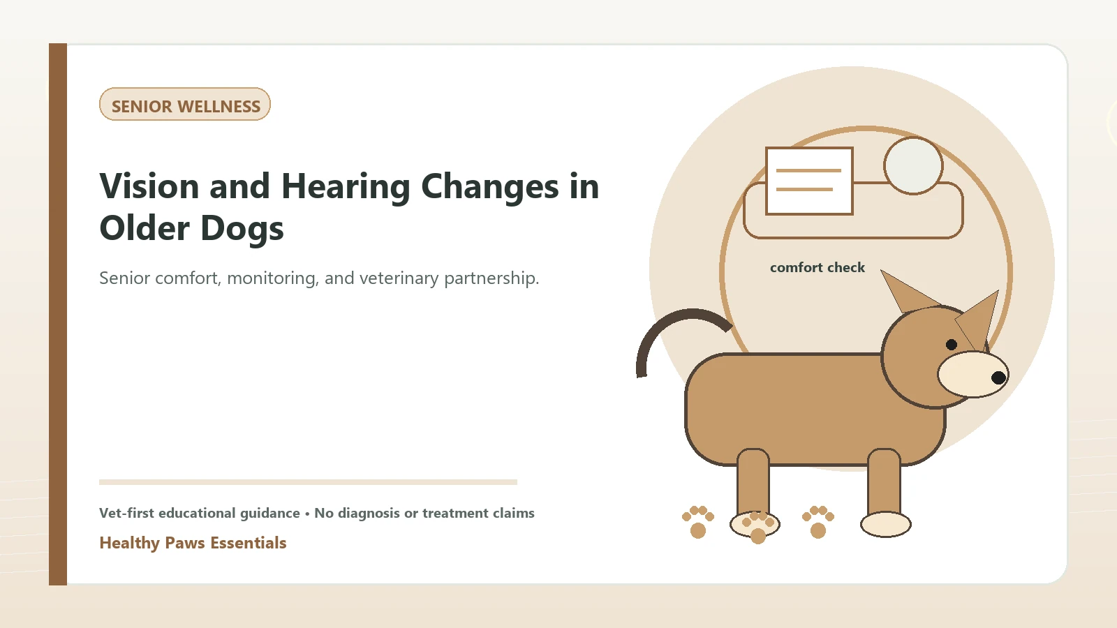Custom Healthy Paws Essentials illustration for Vision and Hearing Changes in Older Dogs, showing a dog and a vet-first care planning concept.