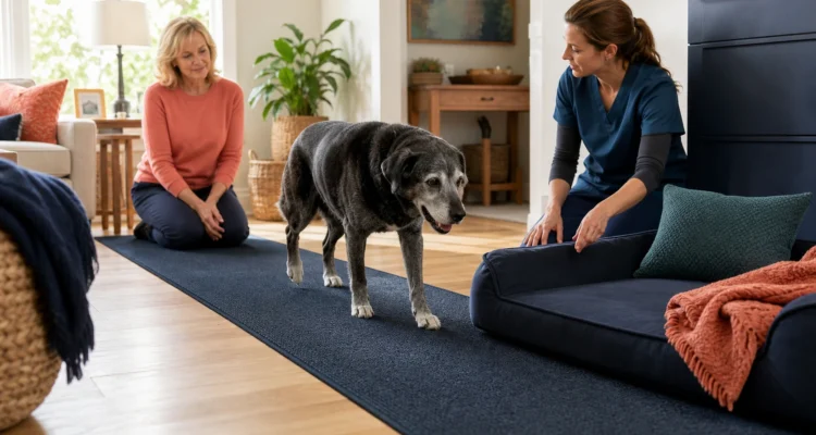 Senior dog moves through an accessible home with a stable traction runner while the owner and veterinarian observe.
