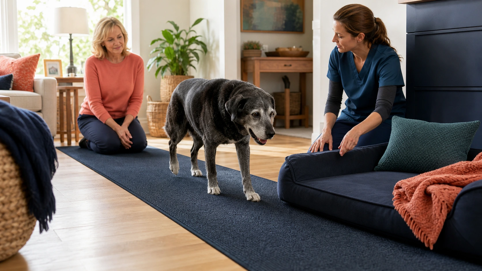 Senior dog moves through an accessible home with a stable traction runner while the owner and veterinarian observe.