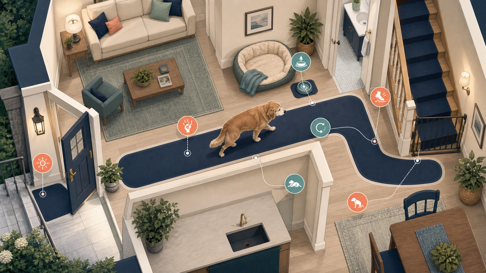 Overhead accessible-home plan shows a continuous nonslip route, stable bed, water access, and secured stairs.