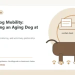 Custom Healthy Paws Essentials illustration for Senior Dog Mobility: Supporting an Aging Dog at Home, showing a dog and a vet-first care planning concept.